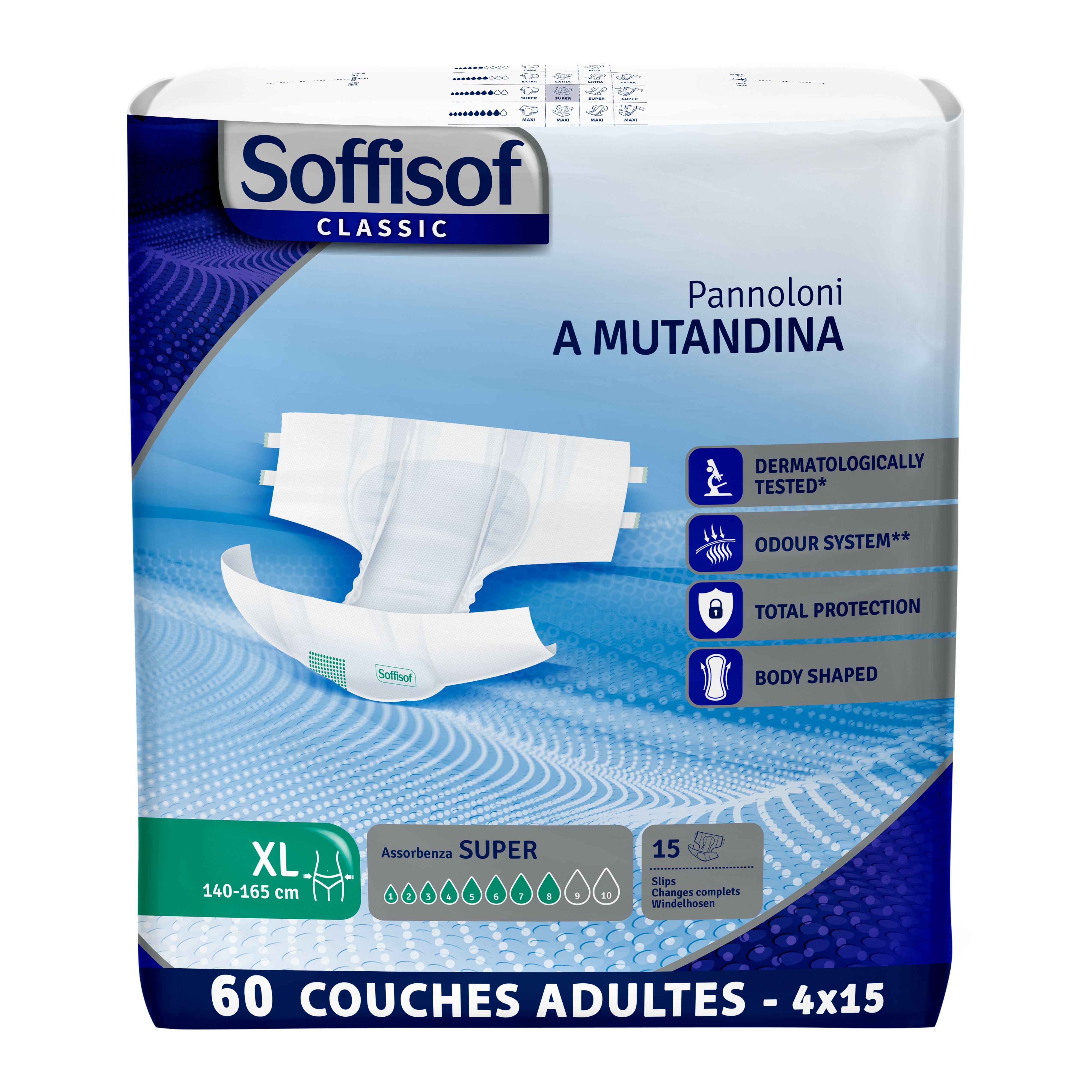 Couches Soffisof Classic. XL, 140-165 cm. 60 unités. Super absorption. Testé dermatologiquement.