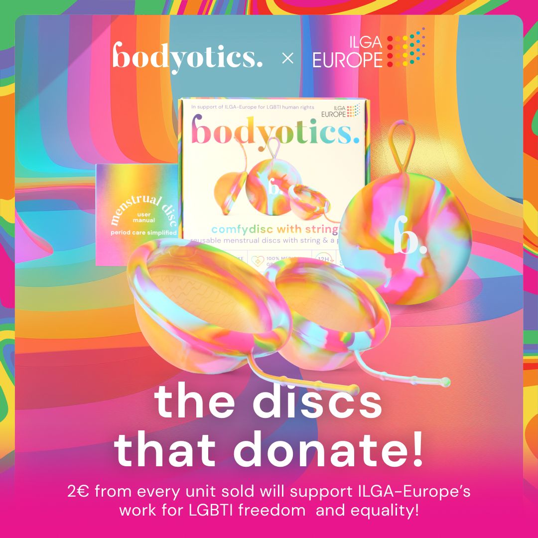 Bodyotics menstruatiedisk set met twee disks (S en L) en opbergzakjes, steunt ILGA-Europe.