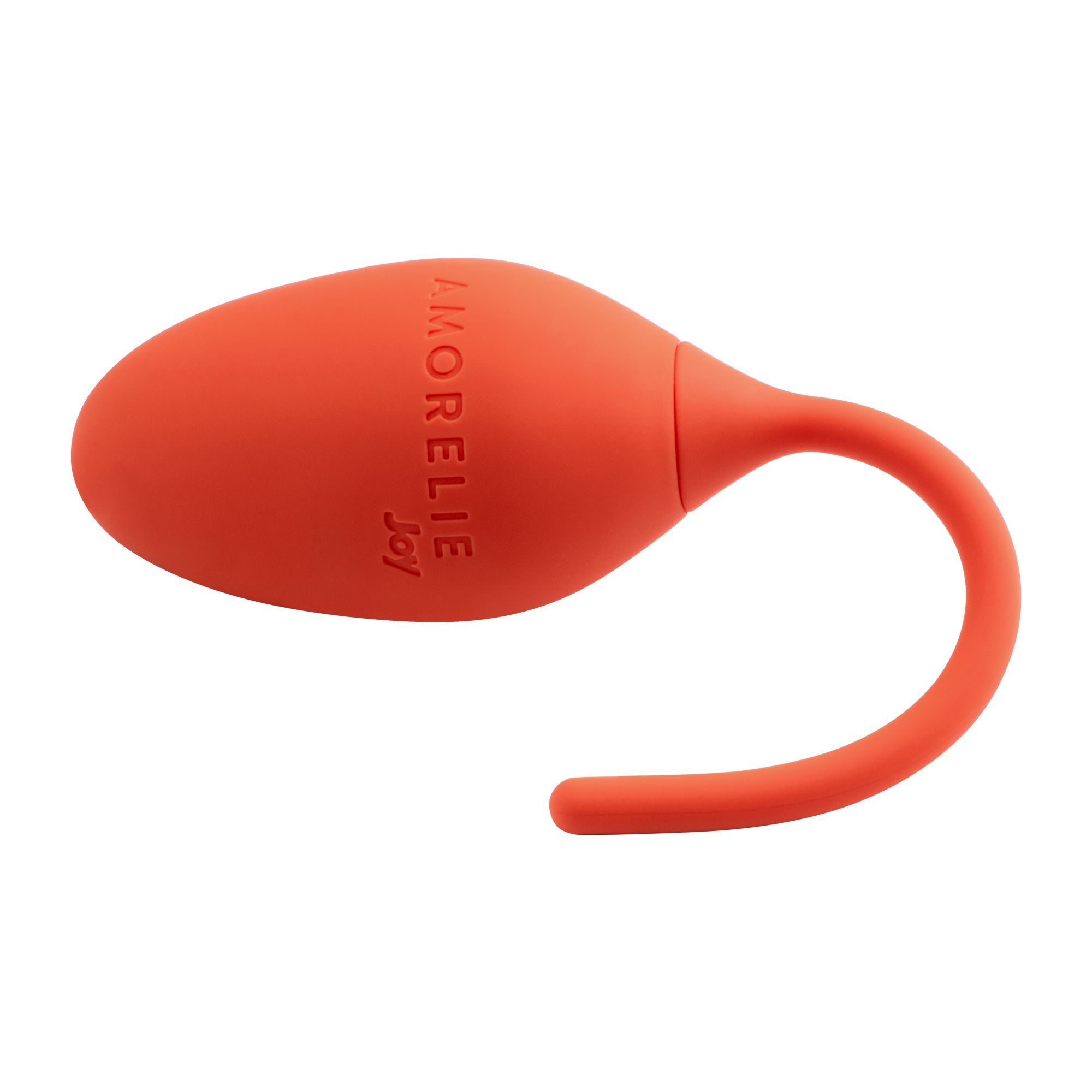 Cône orange avec inscription AMORELIE Joy. Avec tige incurvée. Sur fond blanc.