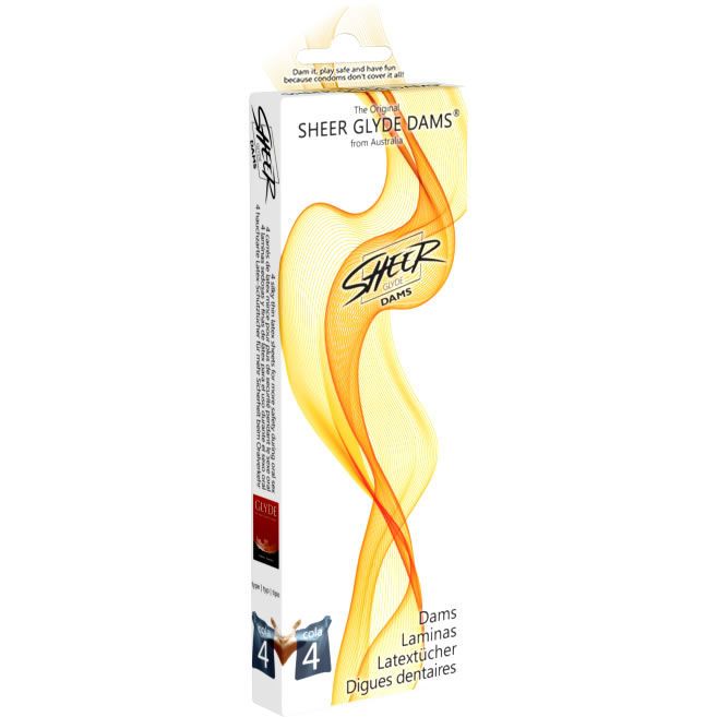 Emballage fin avec nom et logo du produit. Contient 4 feuilles de latex. Design jaune-orangé avec motif ondulé. Texte : Sheer Glyde Dams.