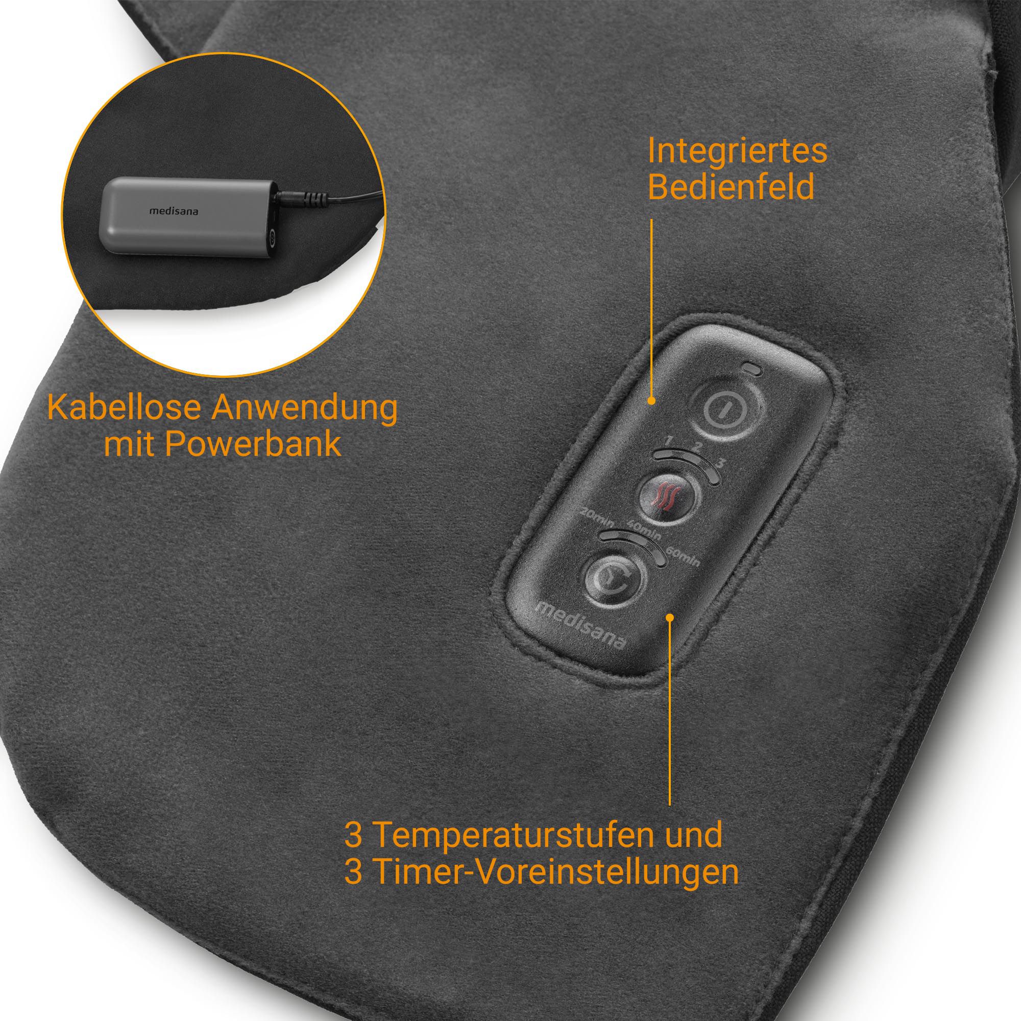 Zwarte warmtecape met powerbank, kabel en geïntegreerd bedieningspaneel. 3 temperatuurniveaus.