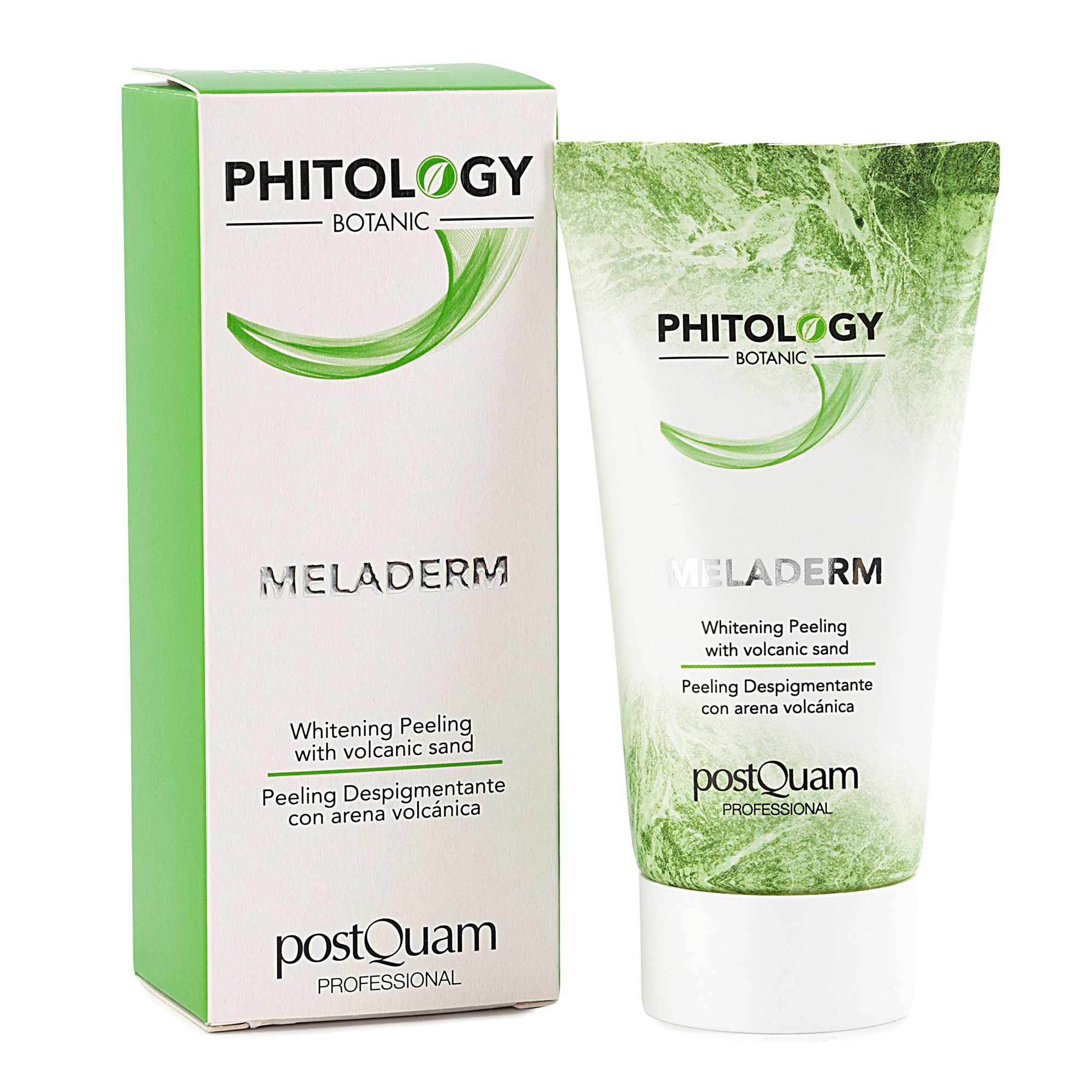 Productverpakking: tube en doos. Tekst: PHITOLOGY BOTANIC, MELADERM, Whitening Peeling with volcanic sand, postQuam PROFESSIONAL.