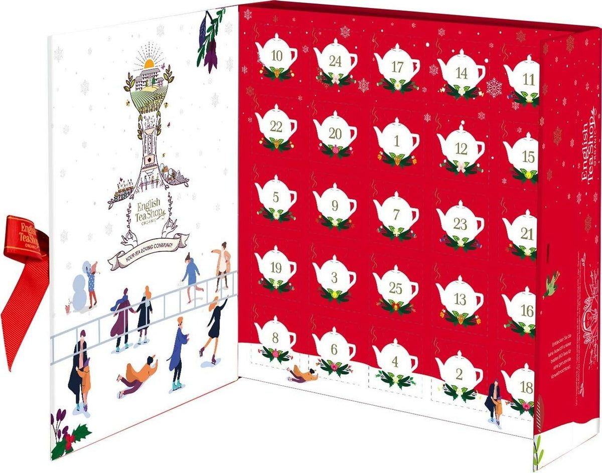 Calendrier de l'Avent ouvert, intérieur rouge avec 25 théières numérotées. À gauche : logo English Tea Shop et motif hivernal.