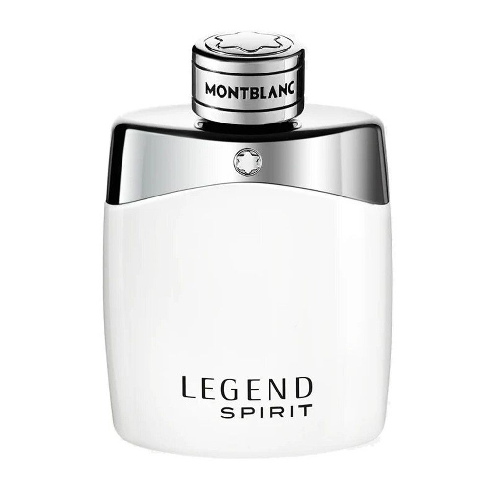 Flacon blanc Legend Spirit avec bouchon argenté. Inscriptions Legend Spirit et Montblanc.