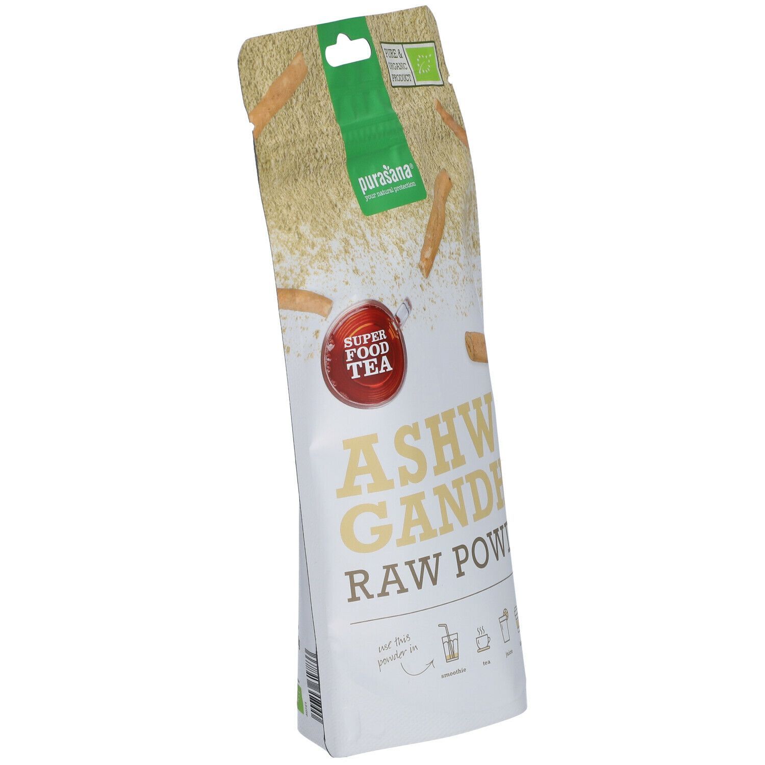 Zakje Ashwagandha poeder. Opschrift: Ashwagandha Raw Powder. Logo: Purasana. Met bio-label.