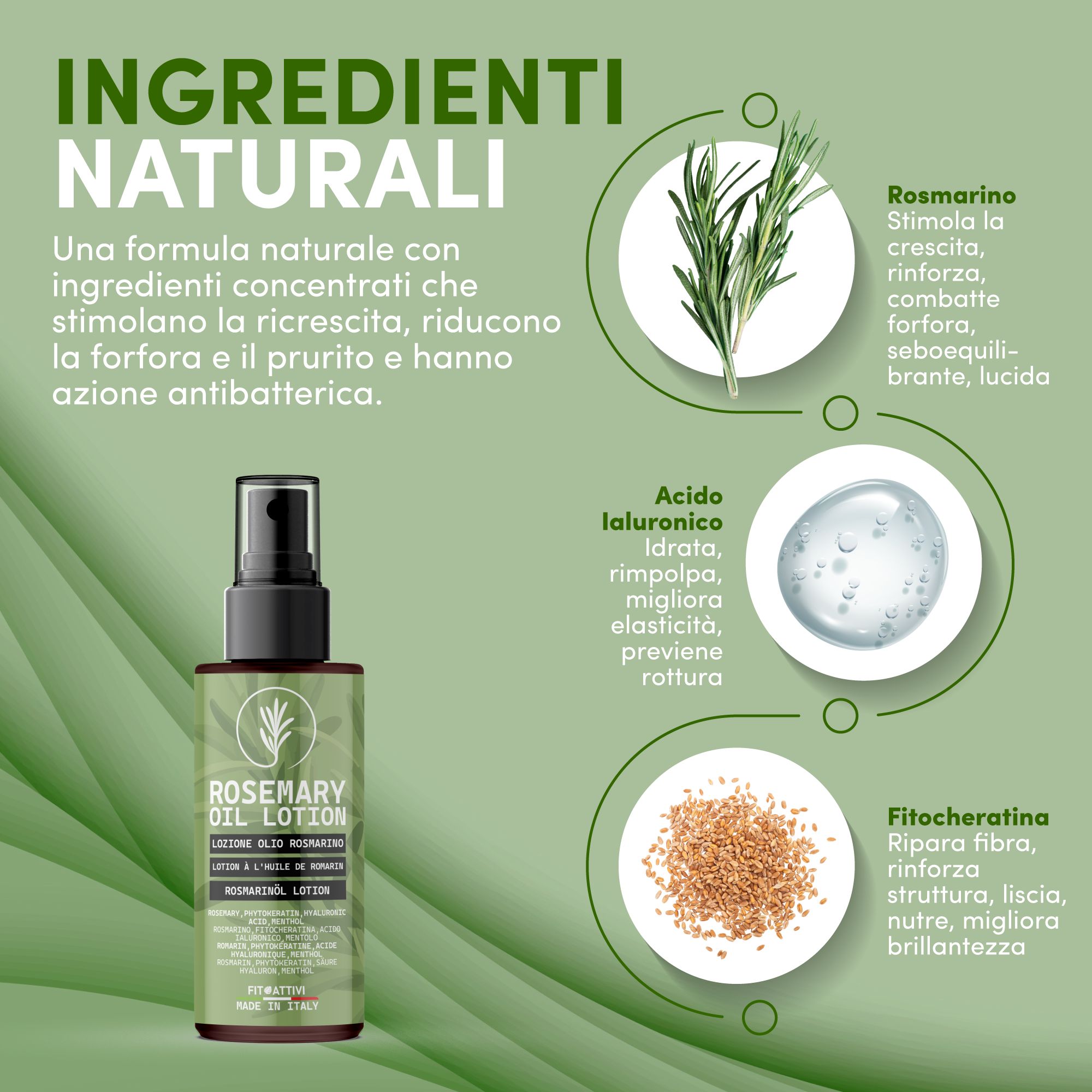 Image du produit. Flacon de lotion à l'huile de romarin. Ingrédients : romarin, acide hyaluronique, phytokératine. Texte : Ingrédients naturels, formule concentrée.