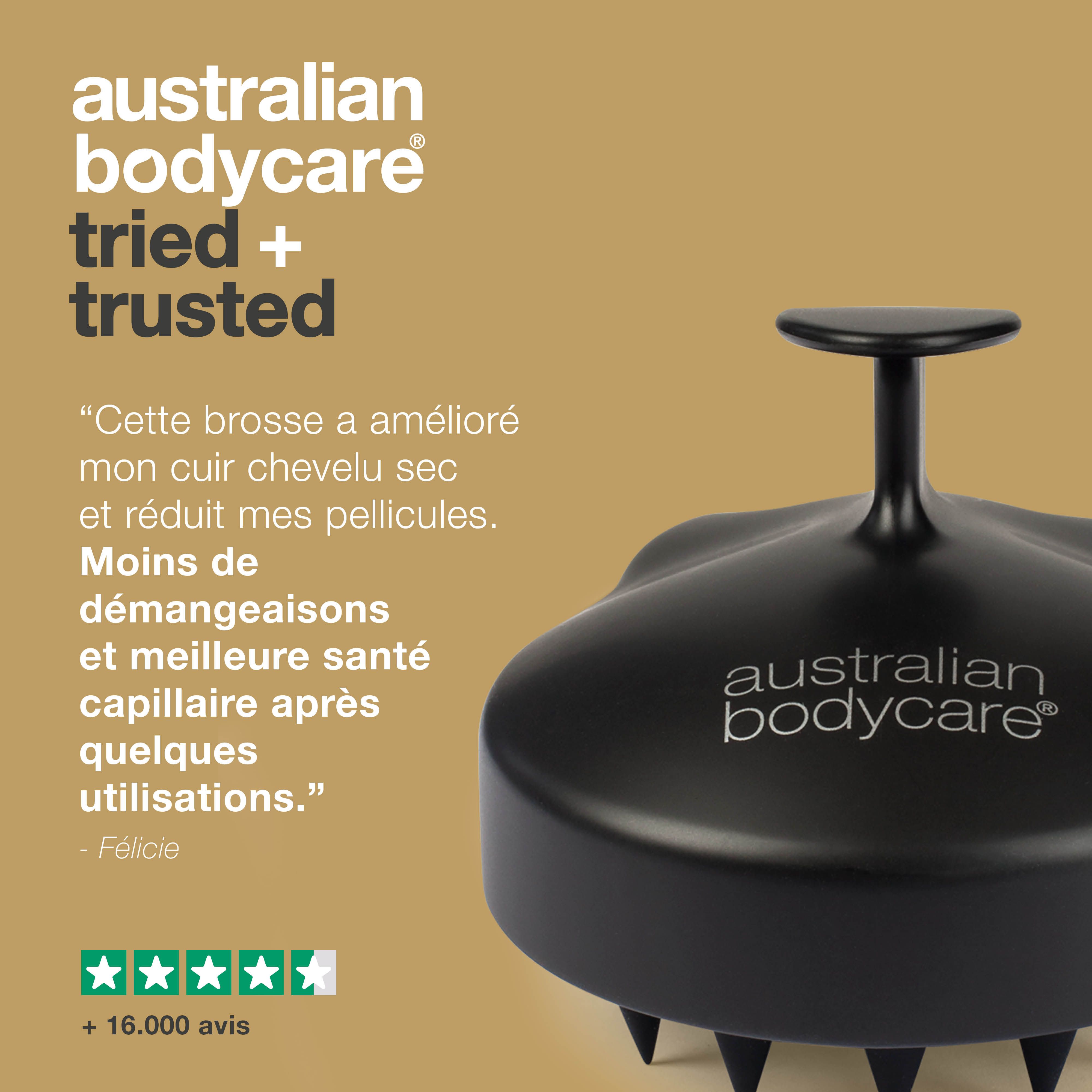 Graphique : brosse de massage et texte. Texte : « Cette brosse a amélioré mon cuir chevelu sec et réduit mes pellicules. »