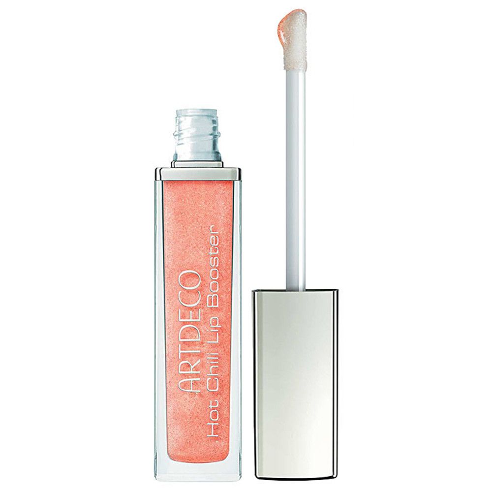 Artdeco Hot Chili Lip Booster avec applicateur. Flacon ouvert. Texte : Hot Chili Lip Booster, Artdeco.