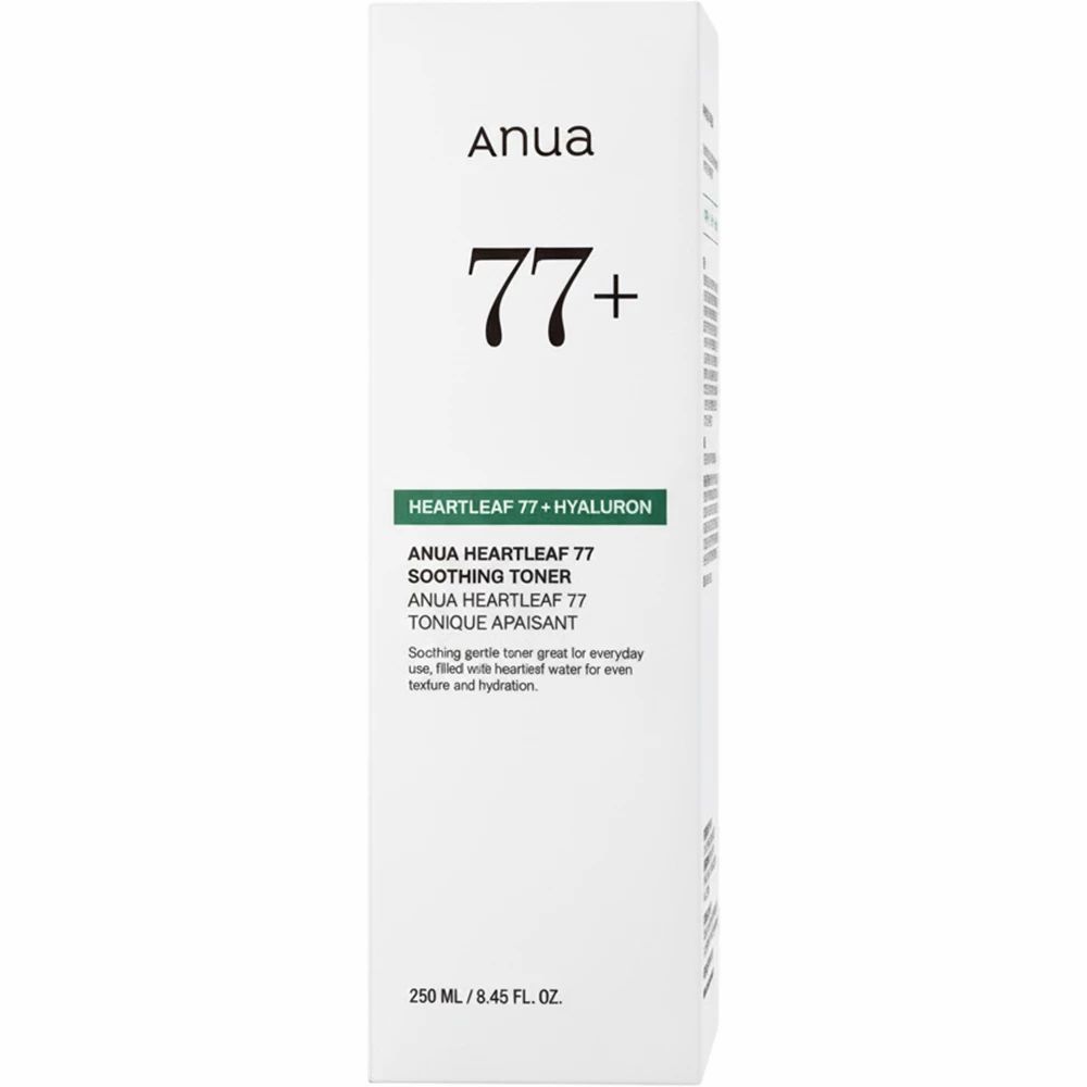 Verpakking van de toner met "Anua 77+" en productinformatie.