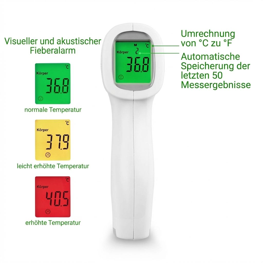 Contactloze thermometer met display dat 36,8°C aangeeft. Links: koortsalarm-indicatoren.