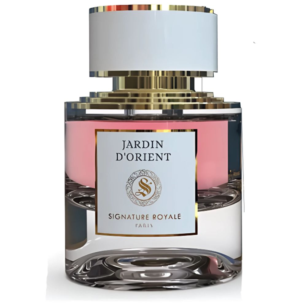 Flacon de parfum avec bouchon blanc et détails dorés. L'étiquette indique "Jardin d'Orient" et "Signature Royale".