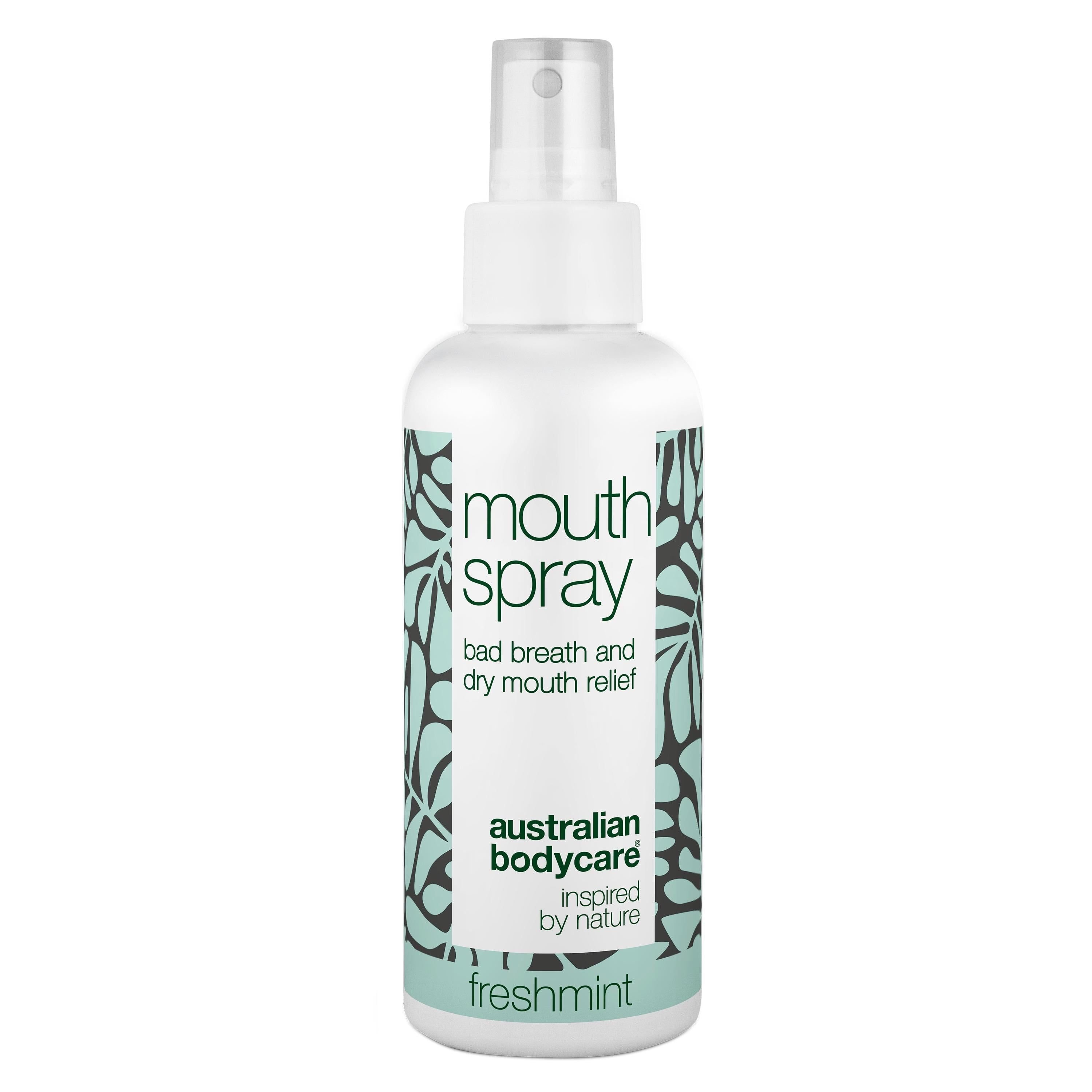 Flacon de spray buccal blanc. Inscription 'mouth spray' et 'australian bodycare'.