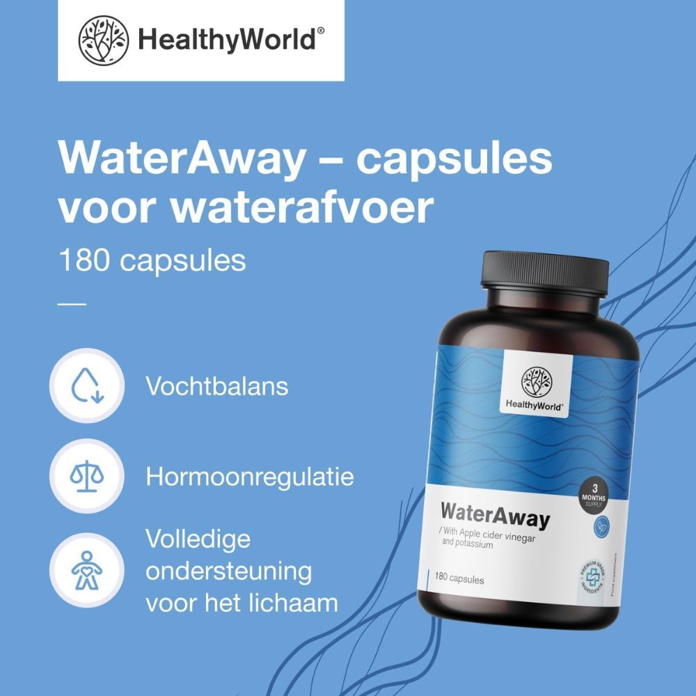 Fles met WaterAway capsules. Tekst: WaterAway - capsules voor waterafvoer. Logo: HealthyWorld. 3 maanden.