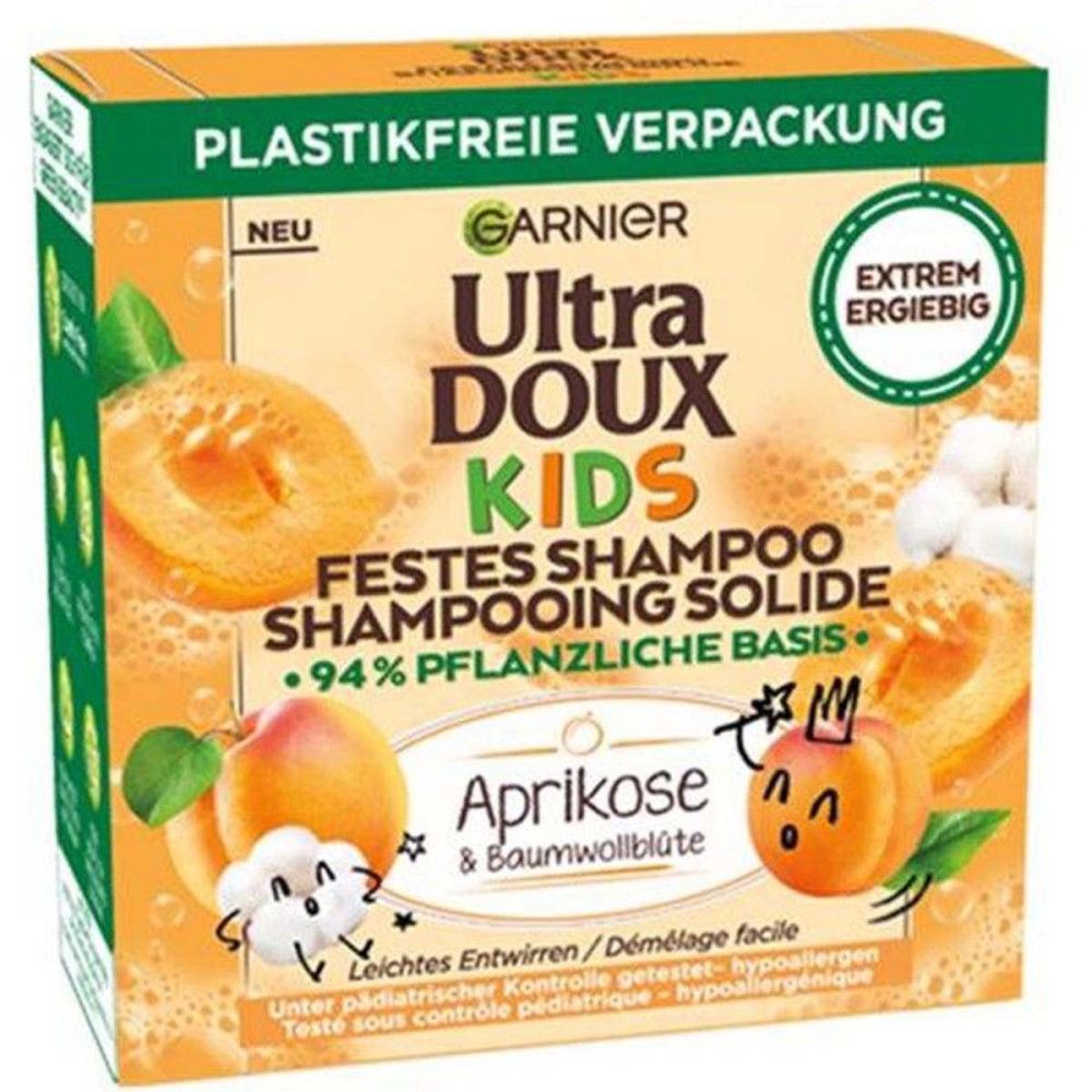 Shampooing solide Garnier Ultra Doux Kids à l'abricot et fleur de coton, emballage sans plastique.