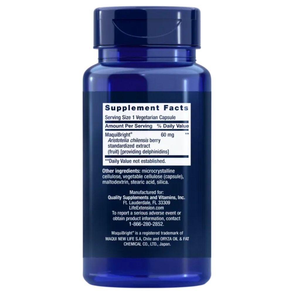 Achterkant van een donkerblauwe capsulefles met voedingsfeiten voor Life Extension Tear Support met MaquiBright®.