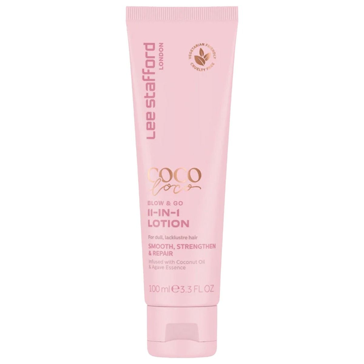 Tube rose de Lee Stafford Coco Loco 11-en-1 avec le logo et les caractéristiques du produit.