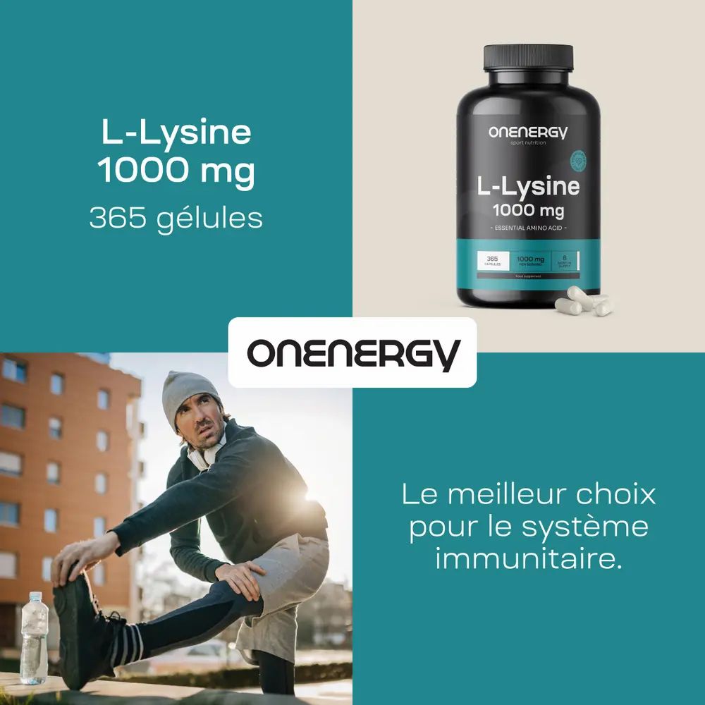 Homme s'étirant, bouteille L-Lysine 1000 mg, le meilleur pour le système immunitaire.