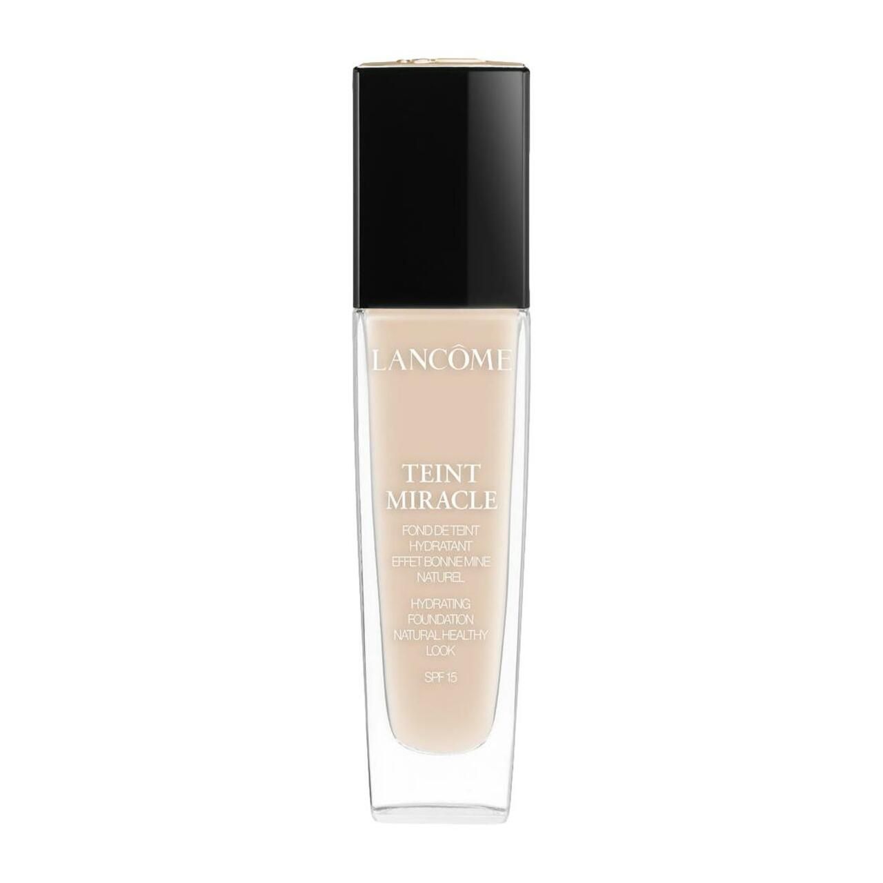 Fond de teint Lancôme Teint Miracle. Flacon. SPF 15. Fond de teint hydratant. Effet bonne mine naturelle. Flacon en verre transparent, bouchon noir.