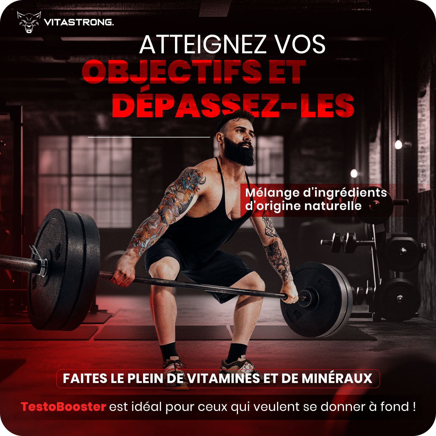 Man die gewichten heft. Tekst: Bereik je doelen en overtreft ze. Natuurlijke ingrediënten.