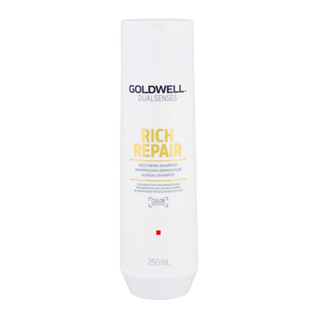 Witte shampoo fles. Opschrift: GOLDWELL, DUALSENSES, RICH REPAIR. Tekst: Restoring Shampoo. 250ml.