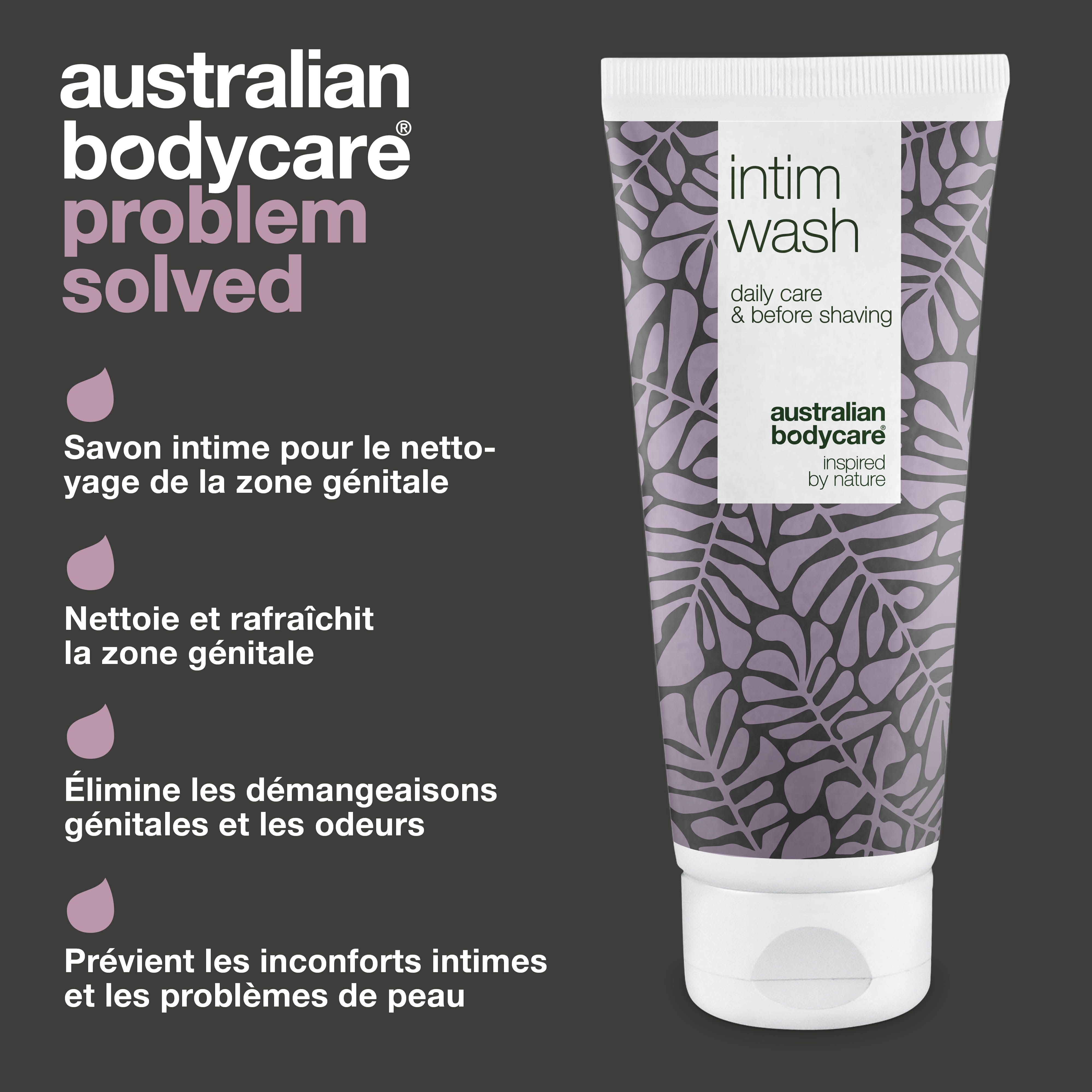 Graphique: problème résolu. Tube de nettoyant intime. Texte: Nettoyage intime, nettoie, rafraîchit, élimine les démangeaisons, prévient.