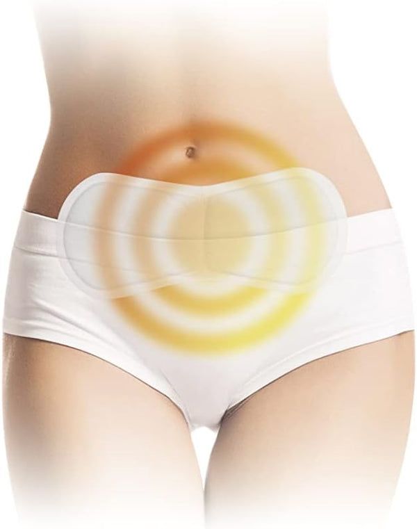 Illustratie van een persoon met een warmtepleister op de buik. Witte pleister, met gele warmtecirkels. Geen andere details.