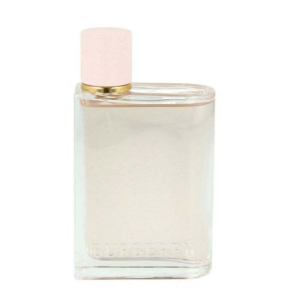 Flacon Burberry Her Eau de Parfum. Forme rectangulaire, contenant transparent, liquide rose, bouchon rose avec bordure dorée.