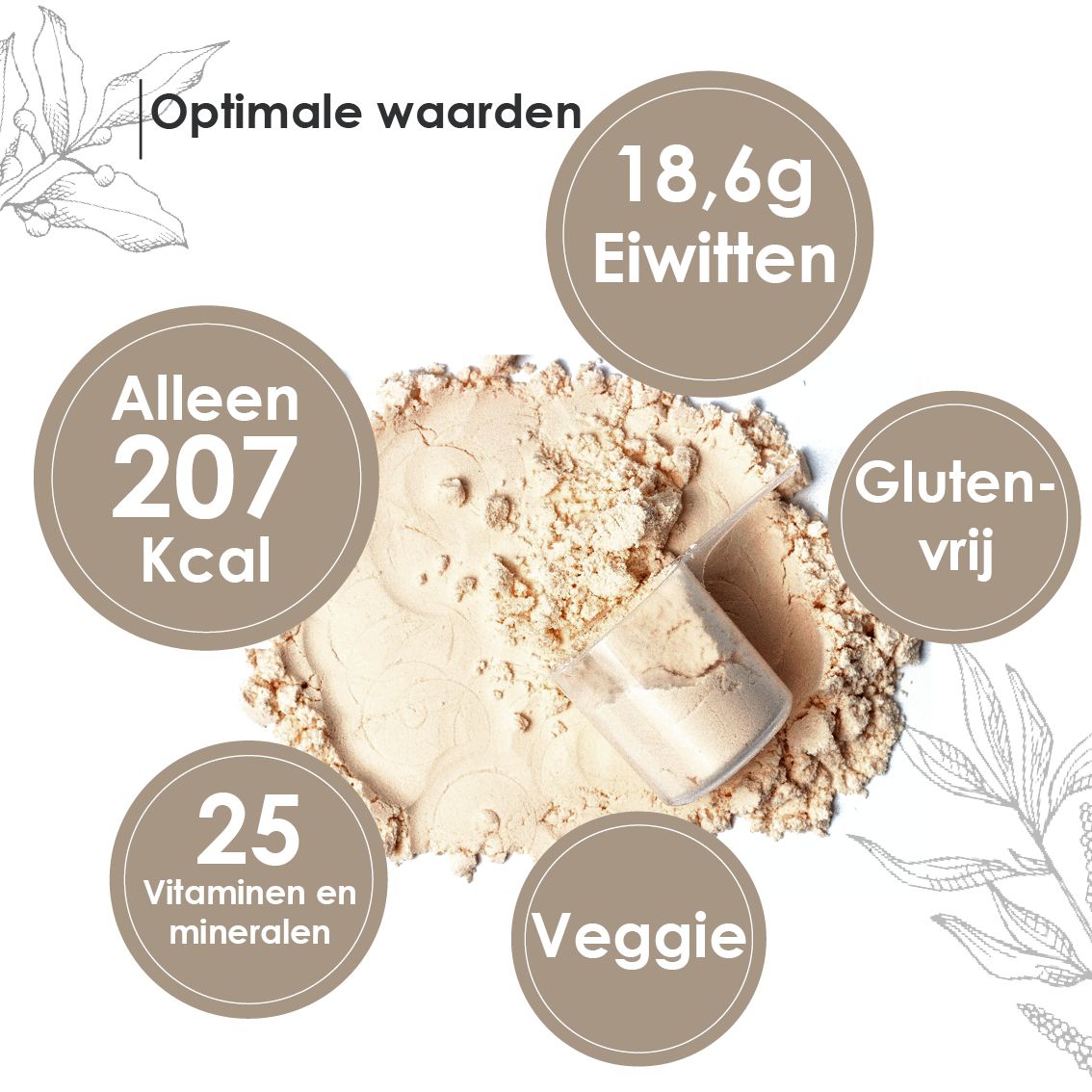 Poeder met 207 kcal, 18,6g eiwitten, 25 vitaminen en mineralen. Glutenvrij en vegetarisch.