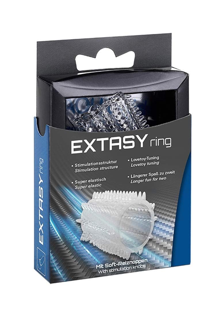 EXTASYring met stimulatiestructuur, super elastisch, in geopende verpakking.
