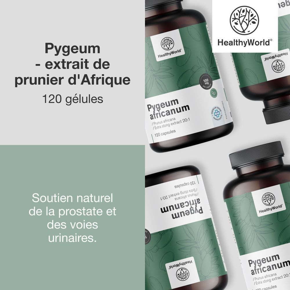 Plusieurs flacons avec capsules. Texte: Pygeum – extrait de prunier d'Afrique, 120 gélules. Texte: prostate et voies urinaires.