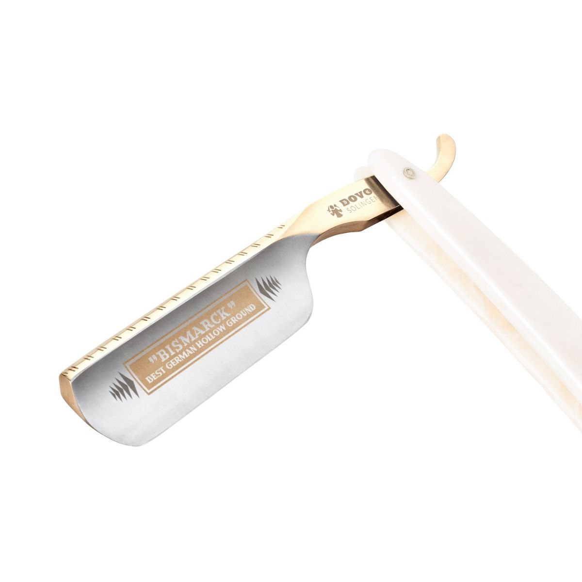 Scheermes, witte handgreep, gouden lemmet. DOVO-logo en inscriptie op het lemmet. Open.