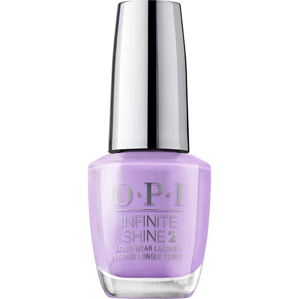 Flacon de vernis à ongles OPI Infinite Shine 2. Vernis lilas clair avec bouchon argenté. Étiquette du produit visible.