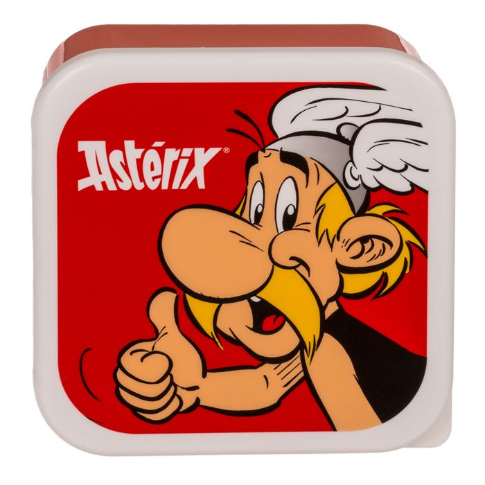 Vierkant deksel met Asterix-motief. Rode achtergrond, witte rand. Figuur met duim omhoog.