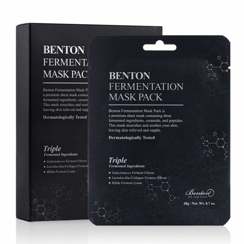 Benton Fermentation Mask Pack, emballage individuel et boîte en carton, tous deux avec des informations sur le produit.