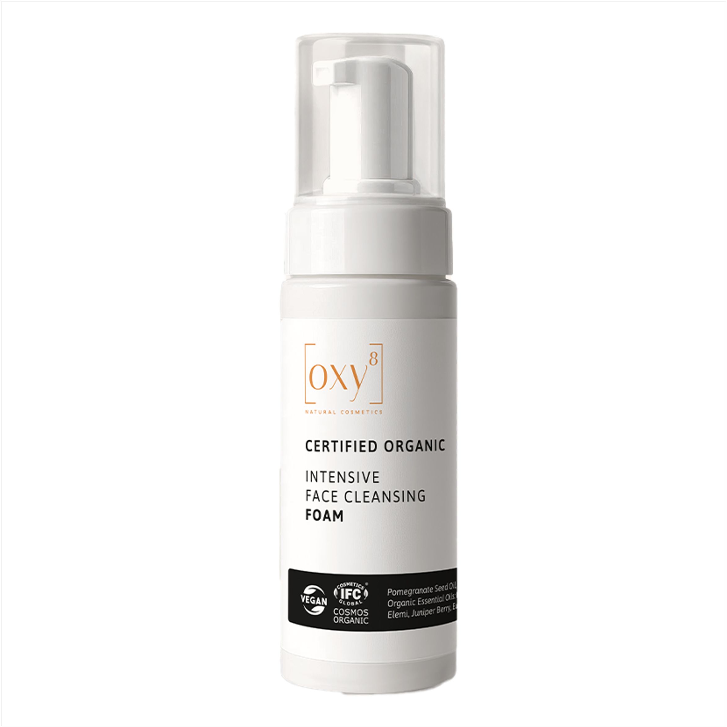 Distributeur blanc de mousse nettoyante pour le visage. Couvercle transparent, logo et texte en dessous.
