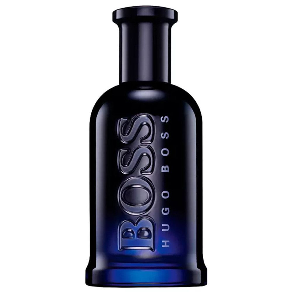 Flacon bleu foncé. Logo BOSS HUGO BOSS. Eau de Toilette Spray.