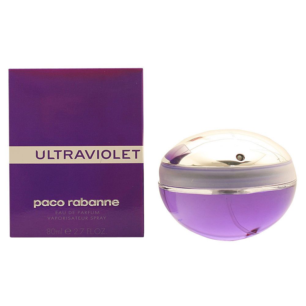 Flacon violet et boîte. "ULTRAVIOLET" et "paco rabanne" sur la boîte. Flacon de forme arrondie.