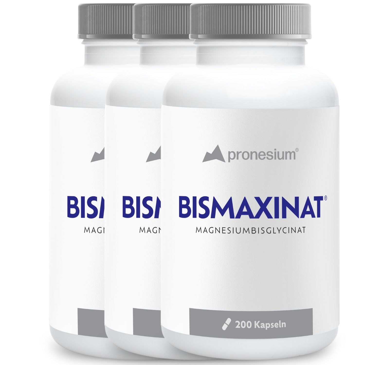 Drie flessen magnesiumbisglycinaat capsules. Witte flessen met grijze doppen. Opschrift: BISMAXINAT.