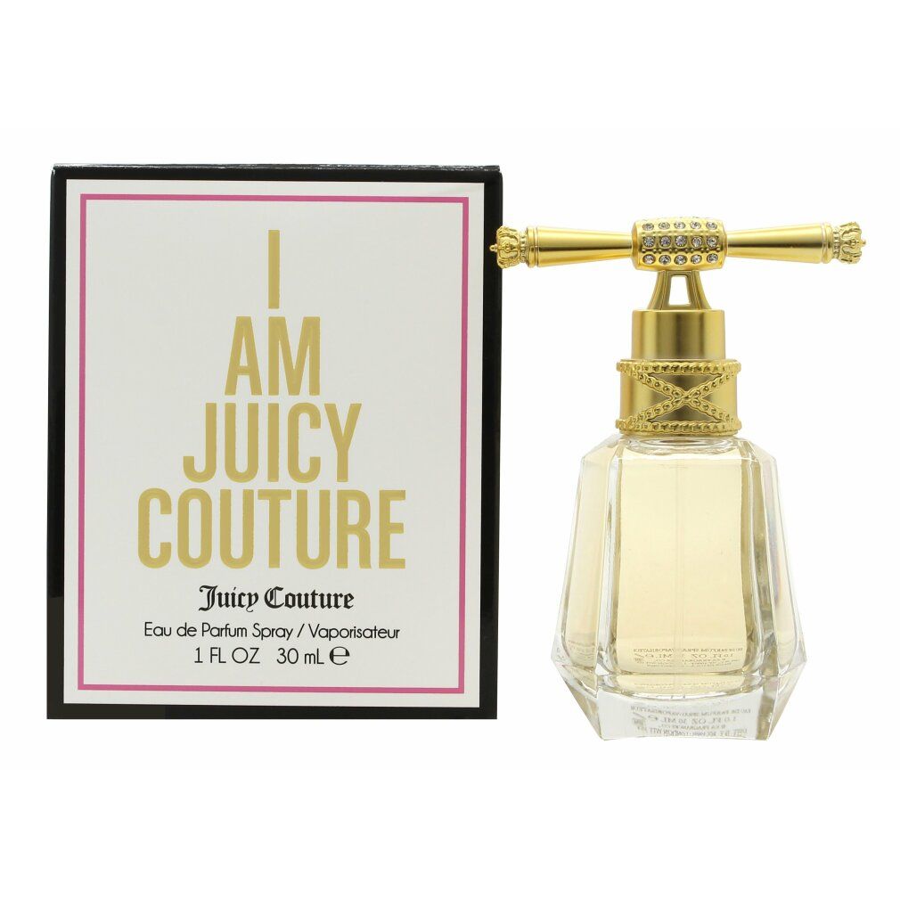 Flacon de parfum et emballage. Boîte blanche avec inscription dorée 'I AM JUICY COUTURE'.