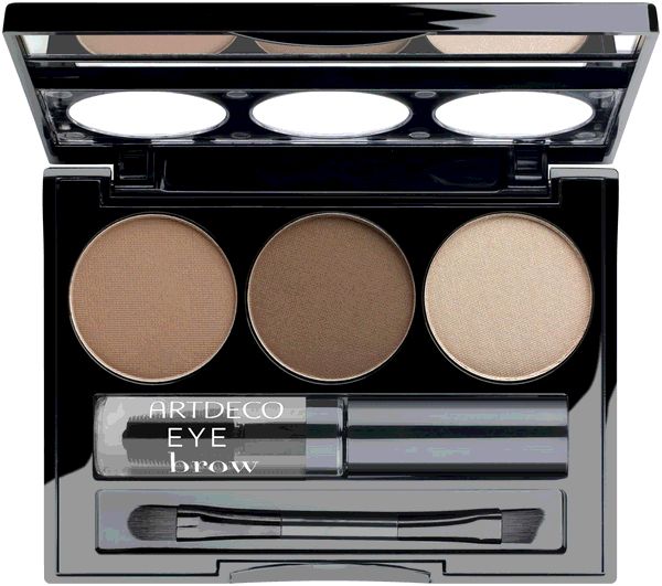 Kit sourcils Artdeco avec trois teintes de marron, applicateur et miroir.