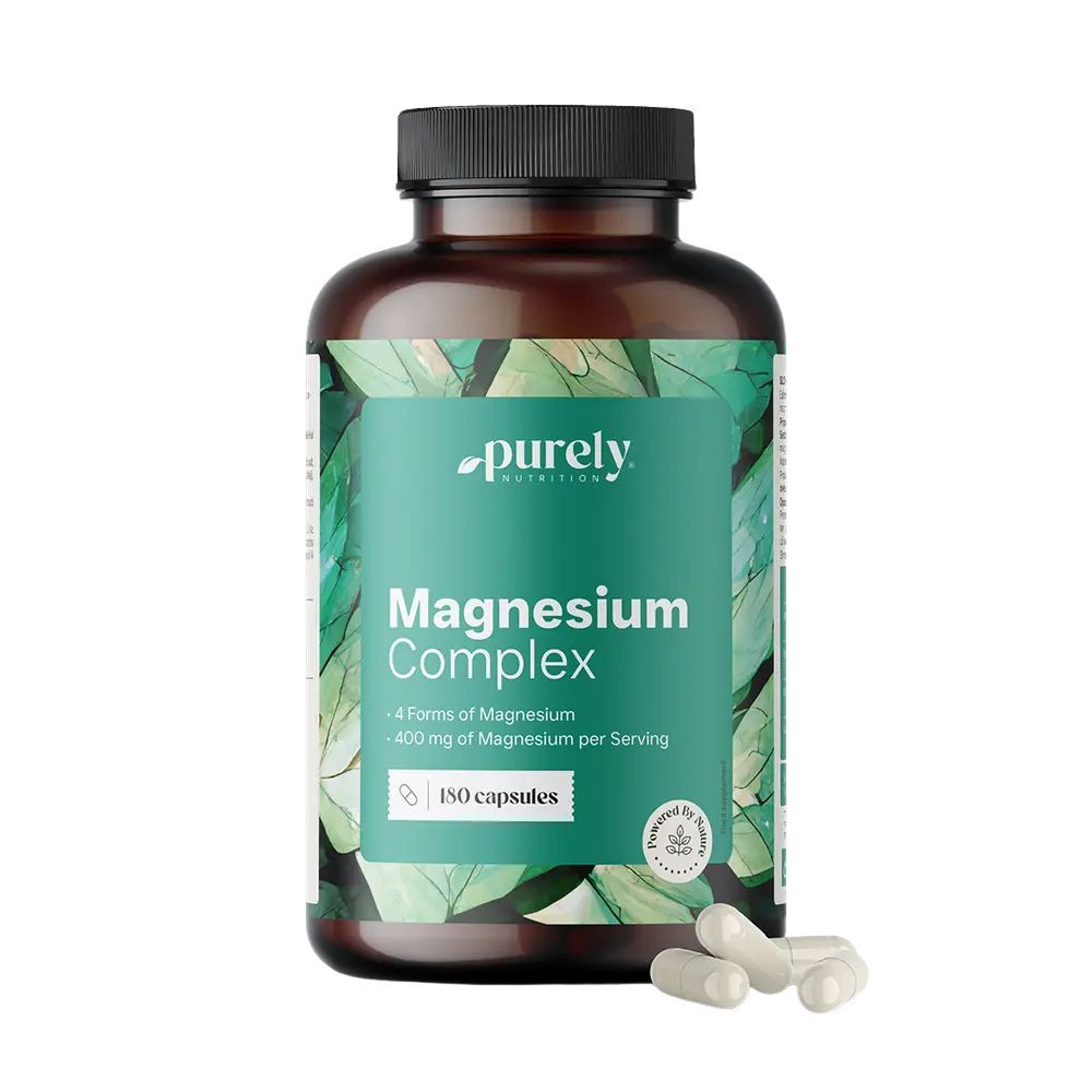 Bruine fles met groen etiket. Opschrift: Magnesium Complex, 180 capsules. Capsules ernaast.