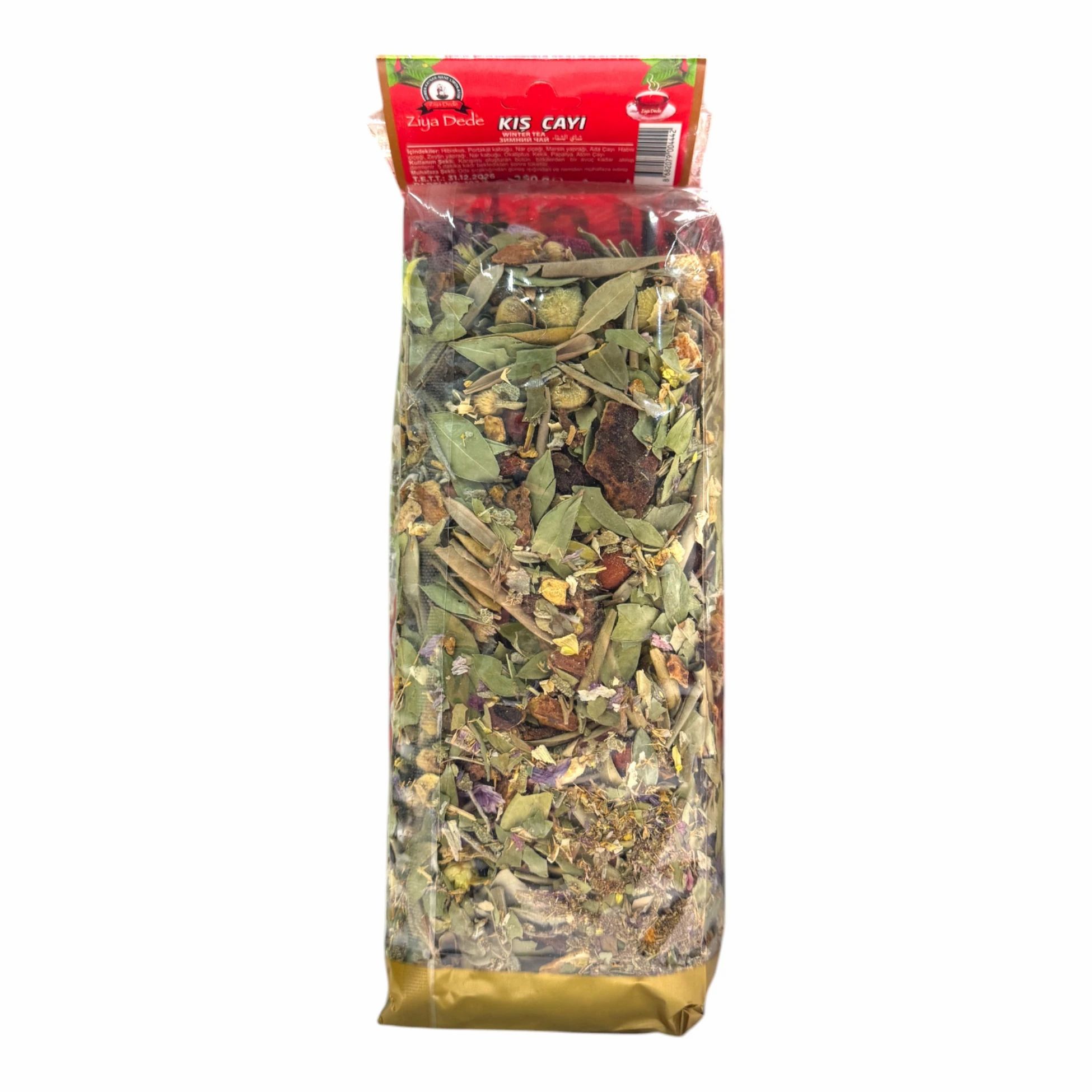 Emballage transparent contenant un mélange d'herbes. Impression rouge en haut avec texte. Fond doré.