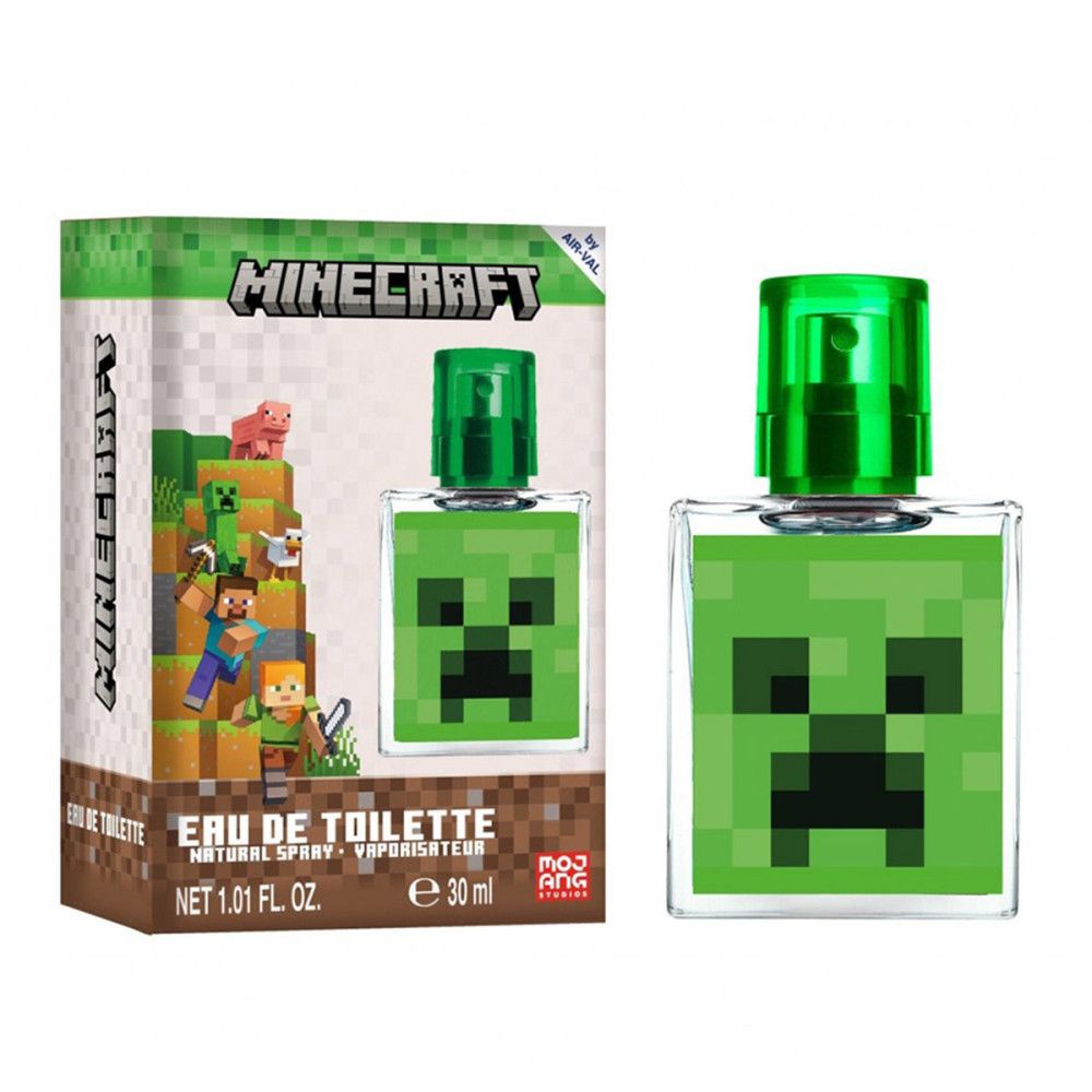 Eau de Toilette Minecraft. Flacon vert avec tête de Creeper. Boîte avec motifs Minecraft et inscription "Eau de Toilette".