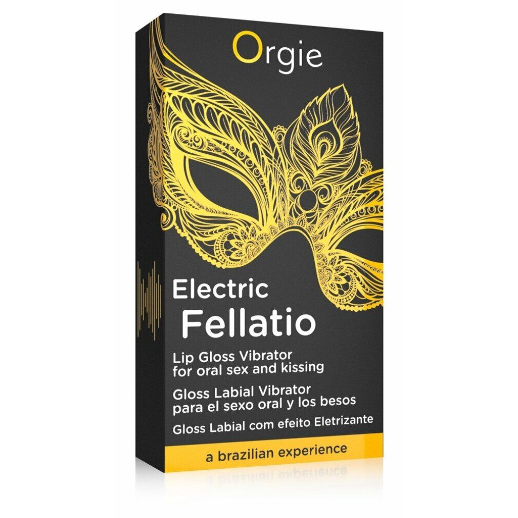 Emballage Orgie Electric Fellatio Lip Gloss Vibrator avec motif masque.