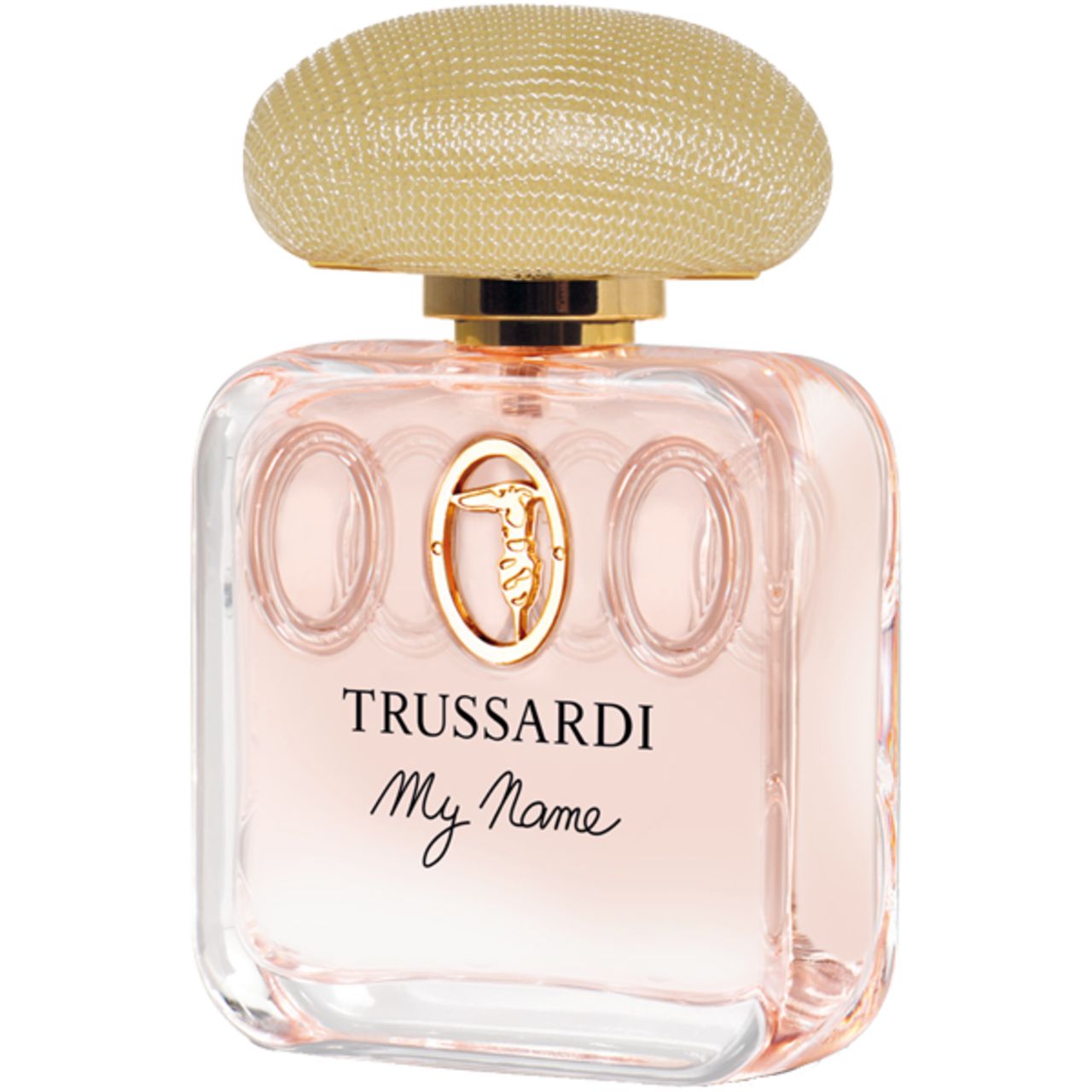 Vierkante glazen fles met gouden dop. Opschrift: Trussardi My Name. Roze vloeistof zichtbaar.