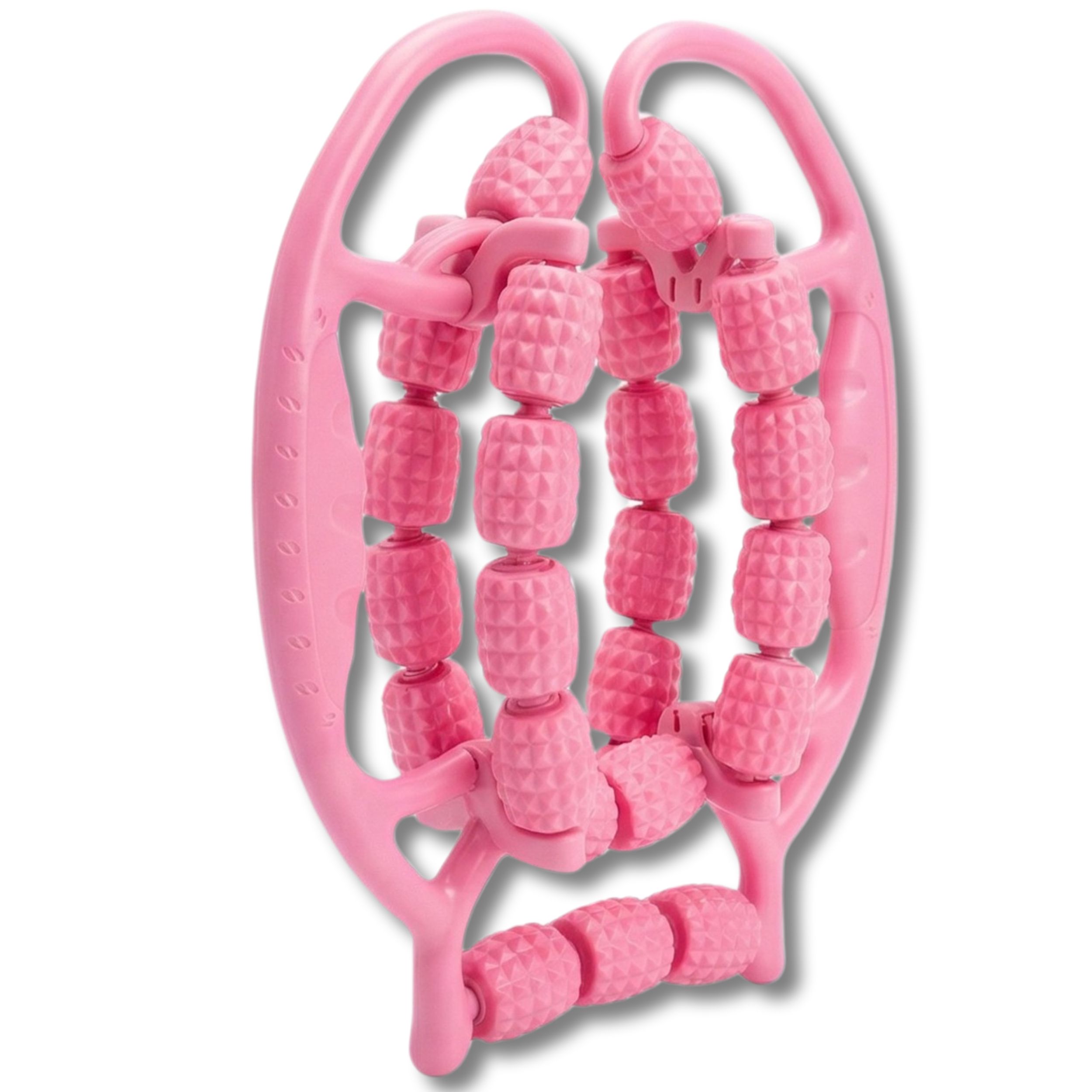Roze massageroller, bovenaanzicht. Meerdere rollen met handvatten. Op witte achtergrond.