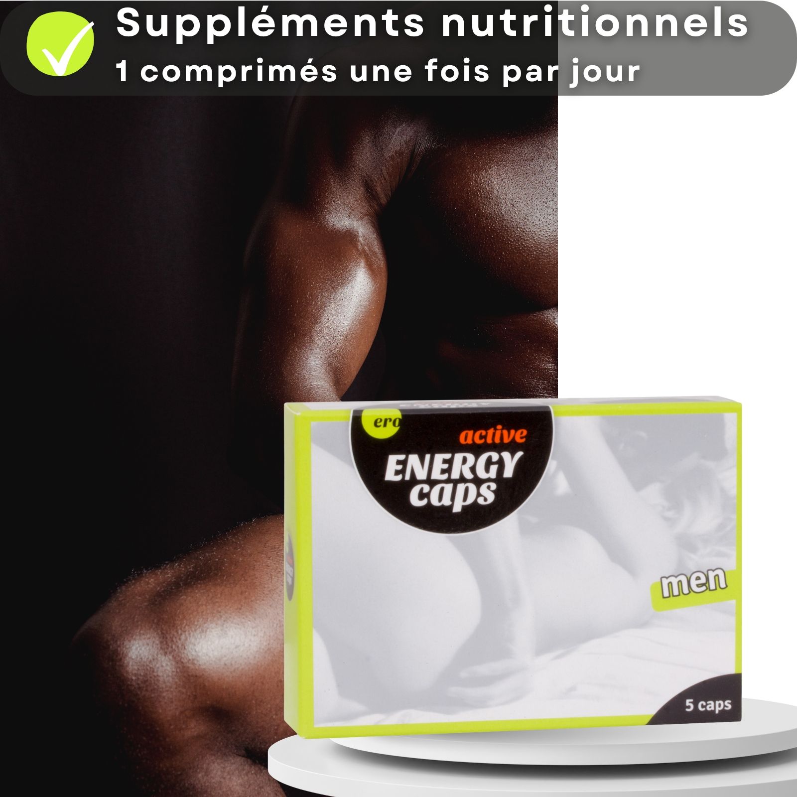 Blister de gélules bleues. À côté, un paquet "Ero active ENERGY caps".