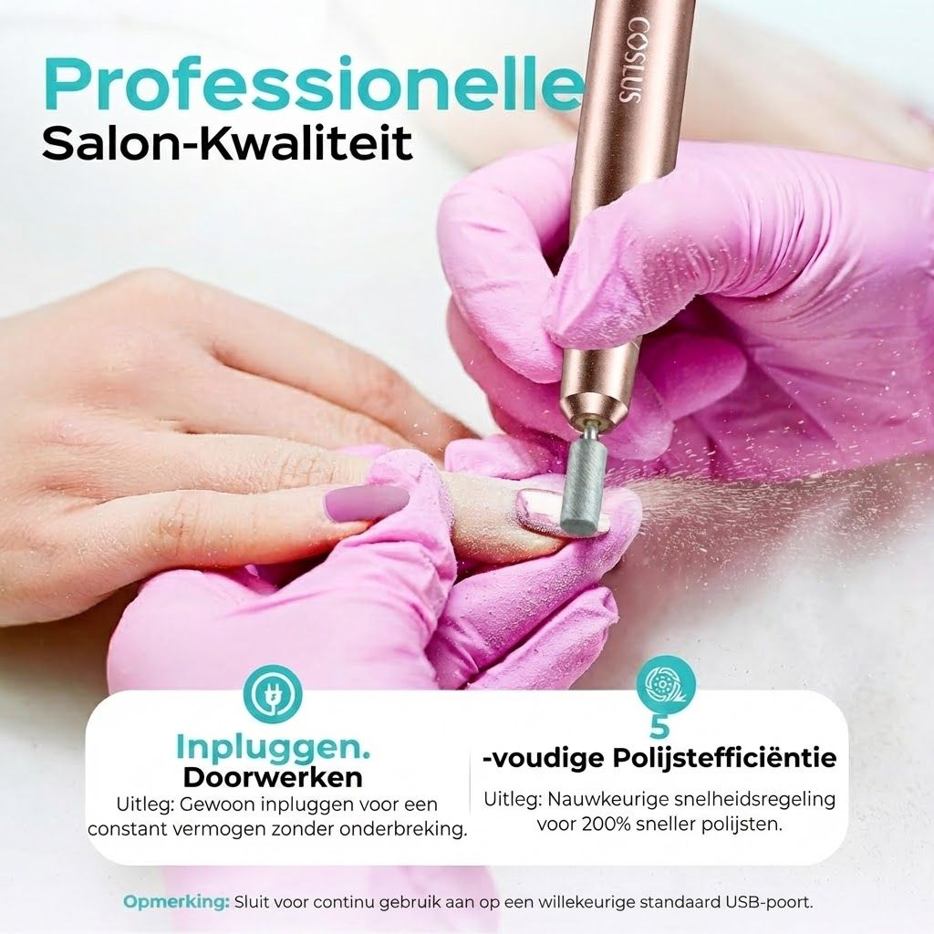 Roze nagelvijl met opzetstuk wordt door persoon met roze handschoenen op een vingernagel gebruikt.