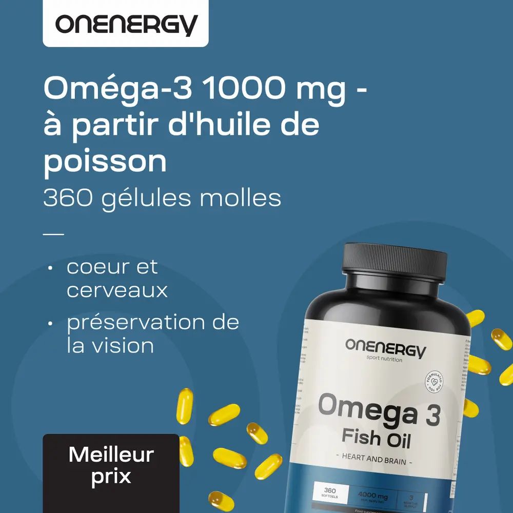 Flacon d'Omega 3. Texte: Omega-3 1000 mg - à partir d'huile de poisson. 360 gélules. Coeur et cerveau.