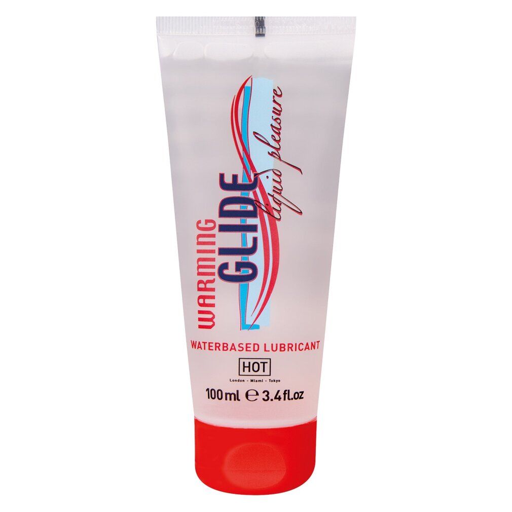 Tube transparent avec bouchon rouge. Étiquette : WARMING GLIDE, waterbased lubricant, 100ml.